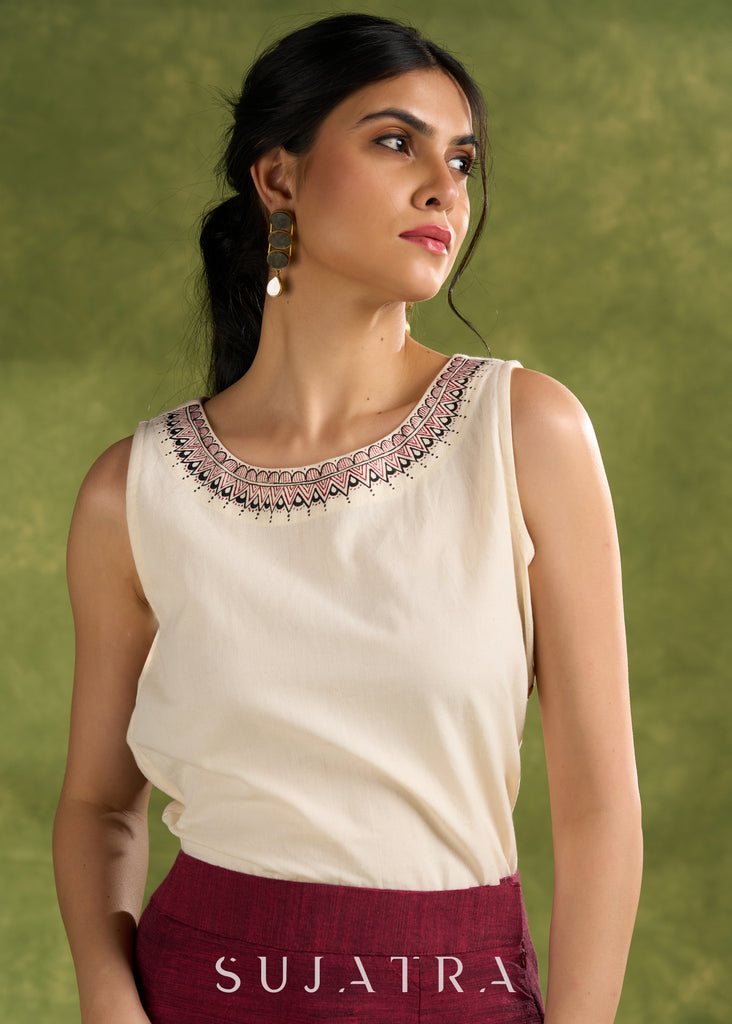 Intricately Hand Painted Off White Round Neck Cotton Top - Skirt Optional