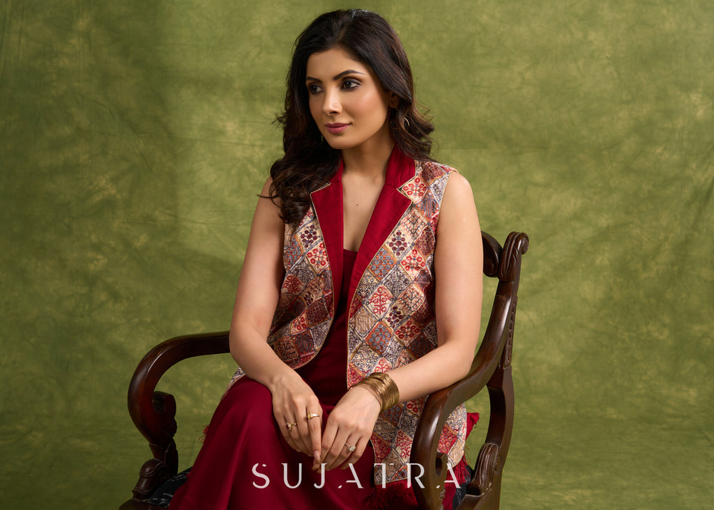 Elegant Fusion Of Ivory & Maroon , Self Embroidered Sleeveless Jacket With Silk Collar    Dress Optional