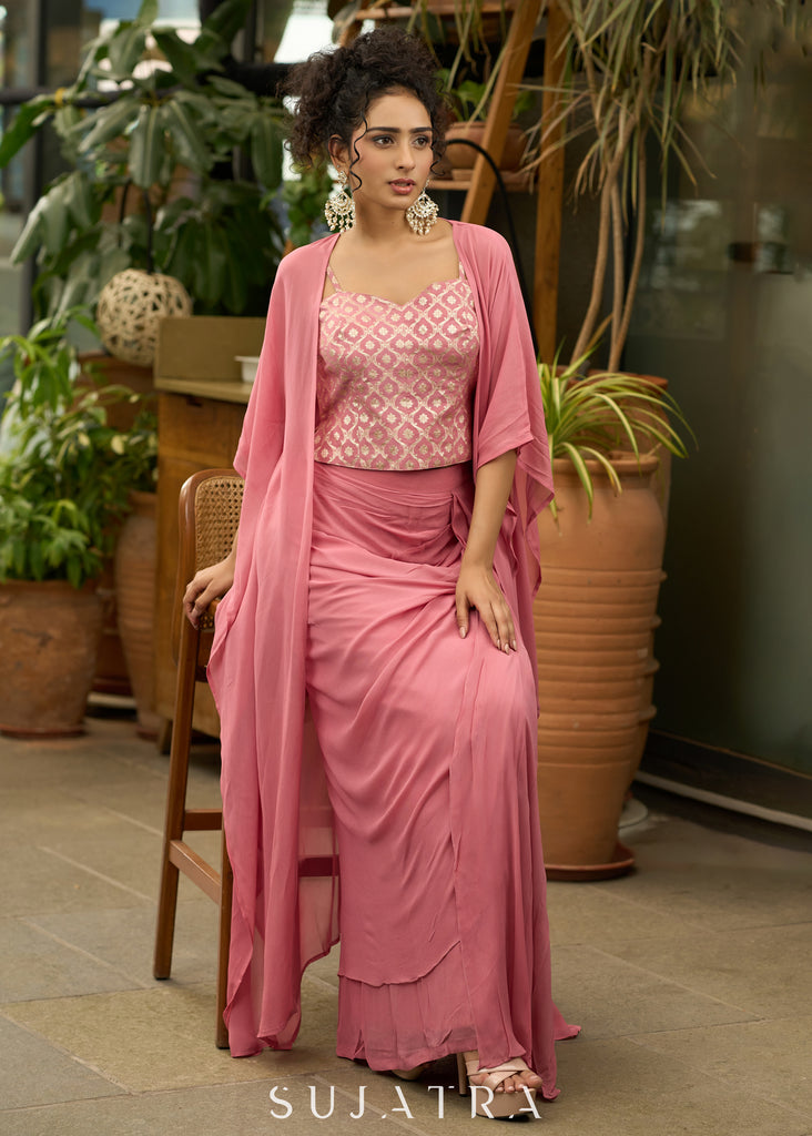 Exclusive Foxy pink draped skirt with banarasi top & Shrug