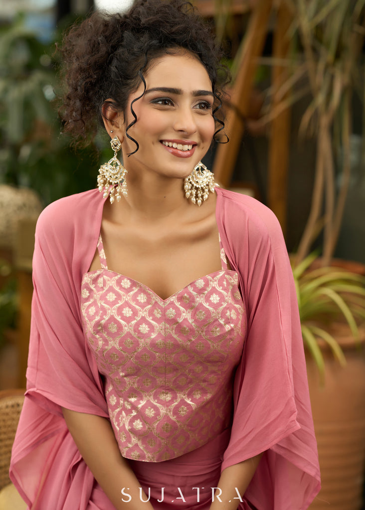 Exclusive Foxy pink draped skirt with banarasi top & Shrug