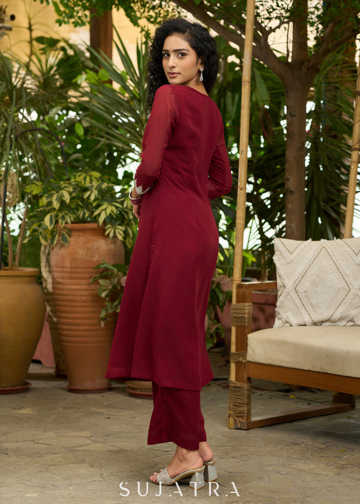 Graceful maroon georgette Co ord set with silver stone embellishment