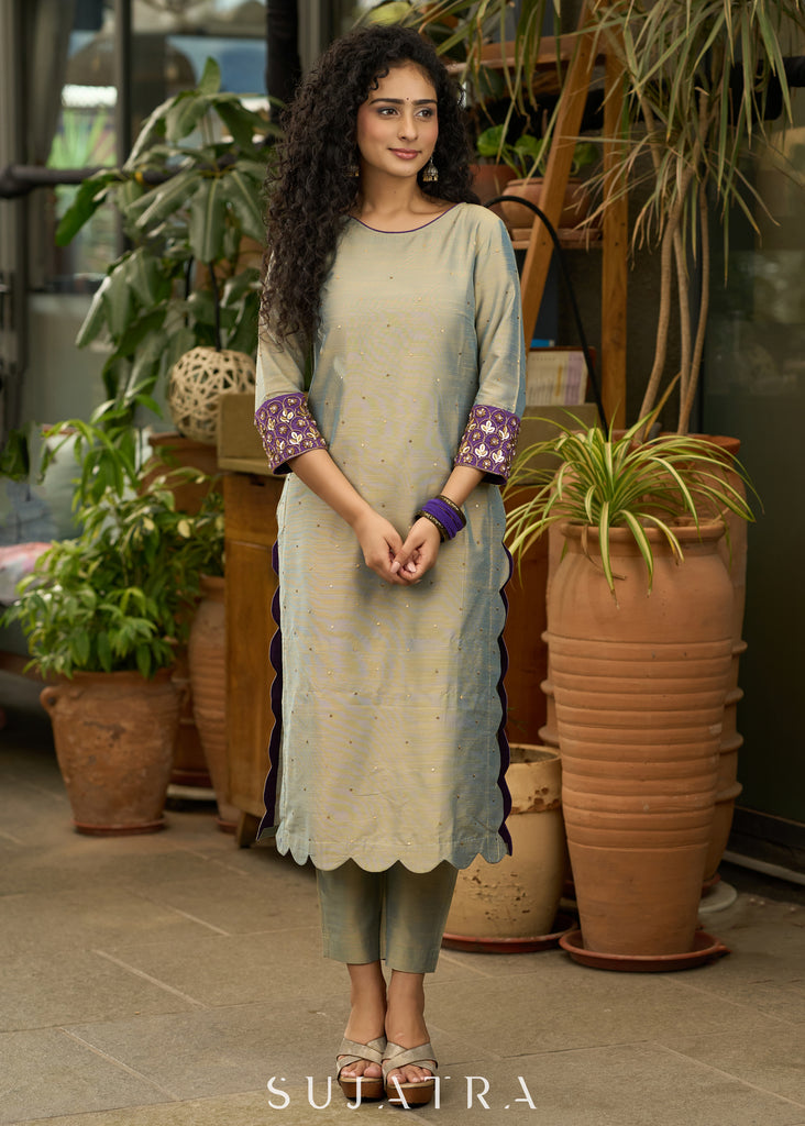 Exclusive dull green & purple Cotton silk Co ord set with embroidery