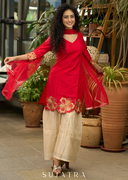 Red cotton silk Sharara set with cutwork embroidery on hem - Dupatta Optional