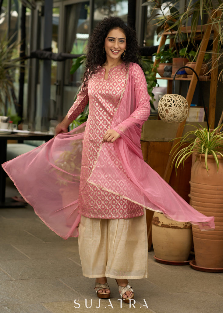 Graceful foxy pink banarsi sharara set - Dupatta Optional