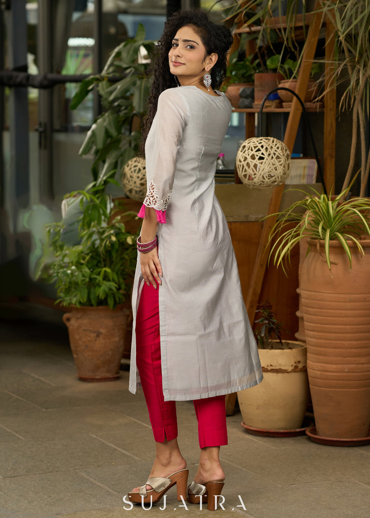 Smart Grey chanderi kurta with embroidery on sleeves - Pant Optional