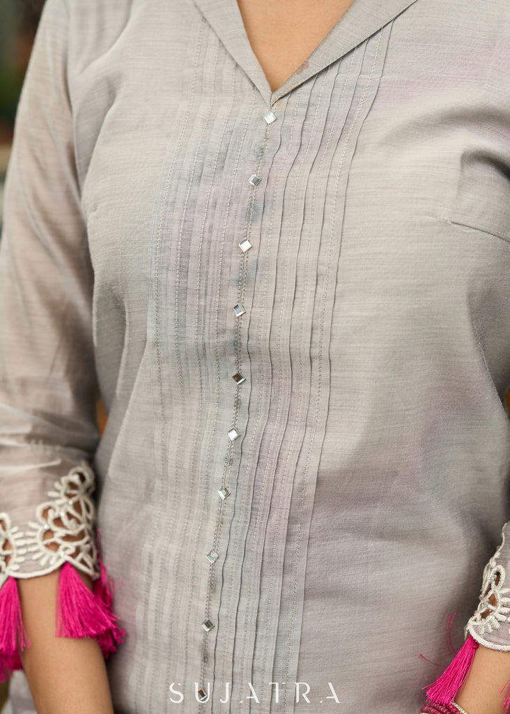 Smart Grey chanderi kurta with embroidery on sleeves - Pant Optional