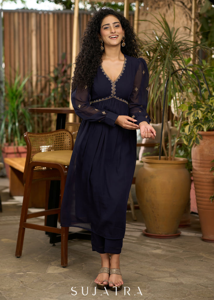 Elegant navy blue georgette Co Ord set with gold embroidery