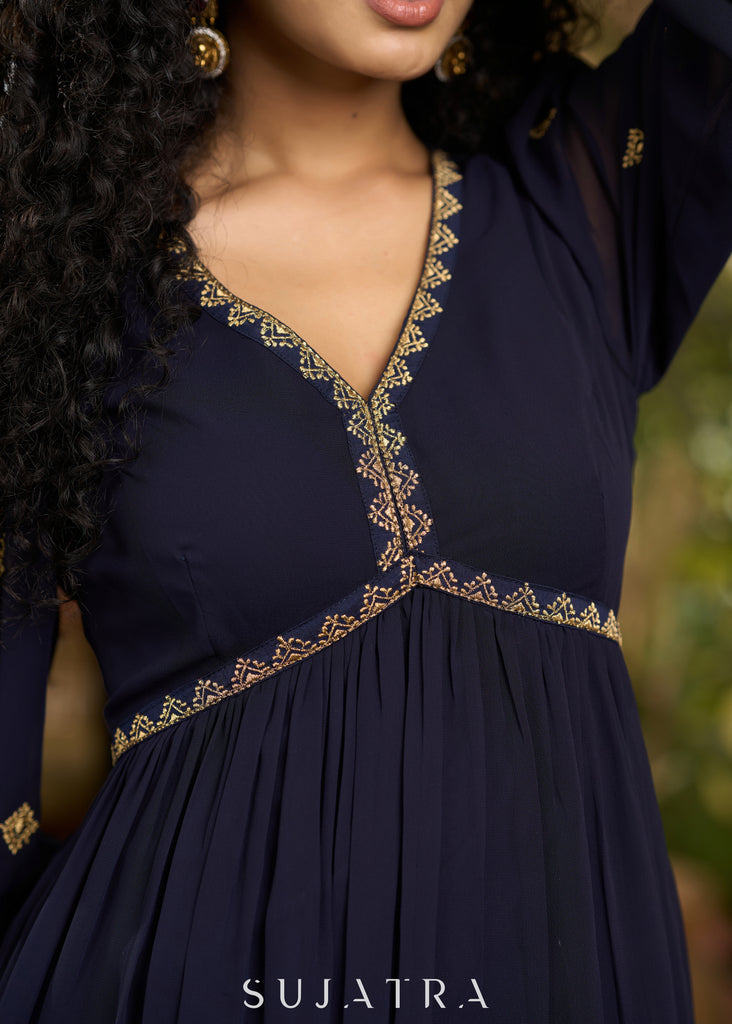 Elegant navy blue georgette Co Ord set with gold embroidery