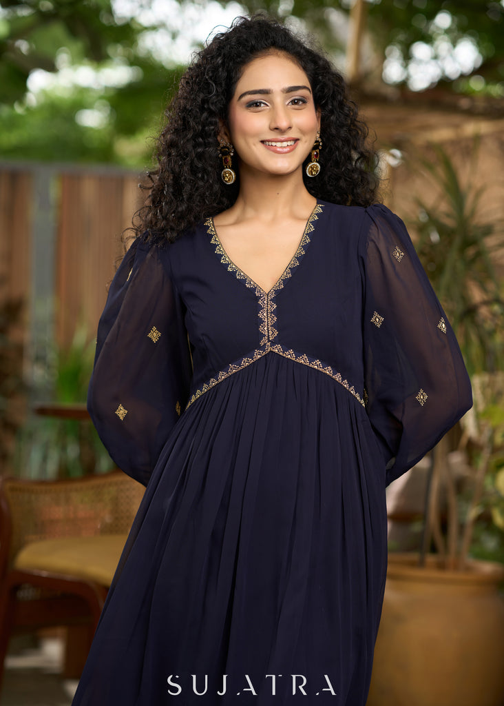 Elegant navy blue georgette Co Ord set with gold embroidery