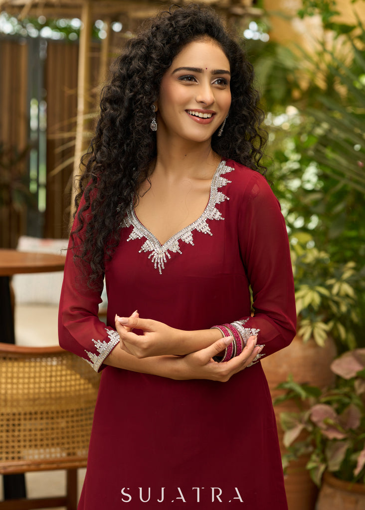 Graceful maroon georgette Co ord set with silver stone embellishment