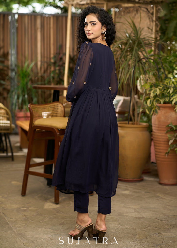 Elegant navy blue georgette Co Ord set with gold embroidery