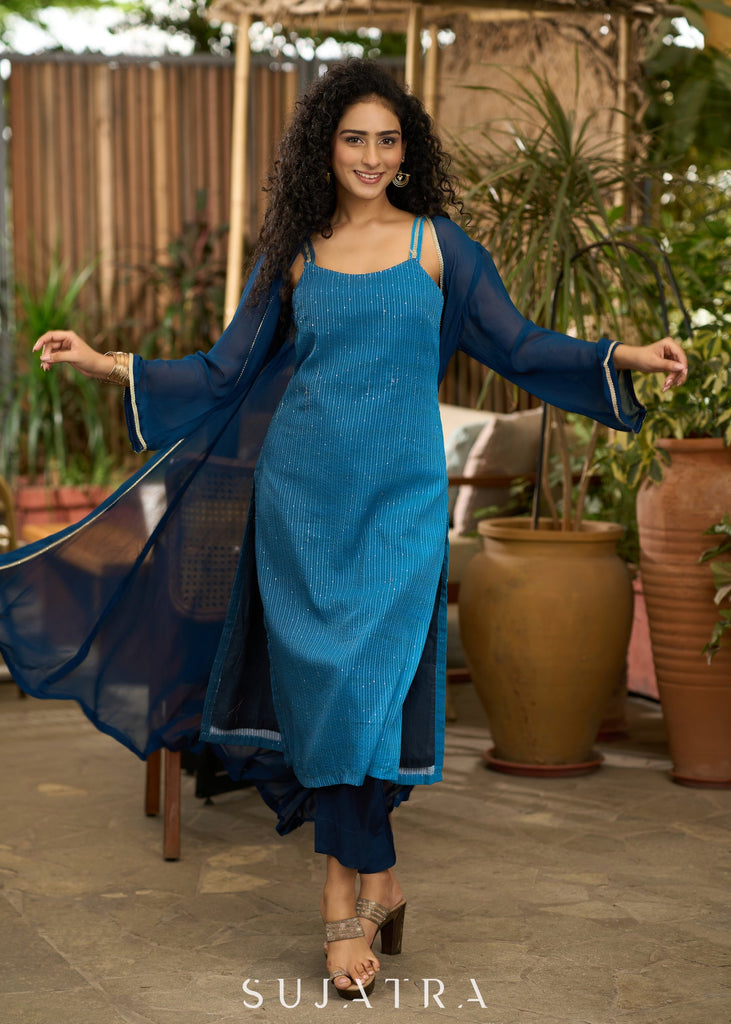 ON-SALE-blue-self-embroidered-kurta-with-stylish-georgette-shrug-pant-optional