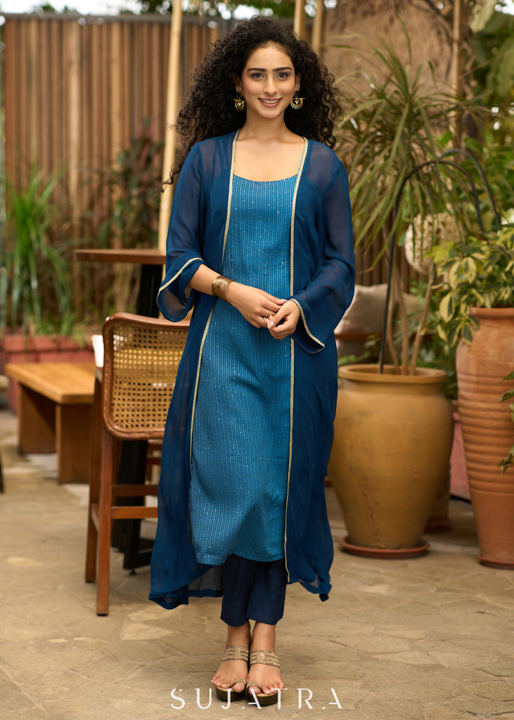 Blue self embroidered kurta with stylish georgette Shrug - Pant Optional