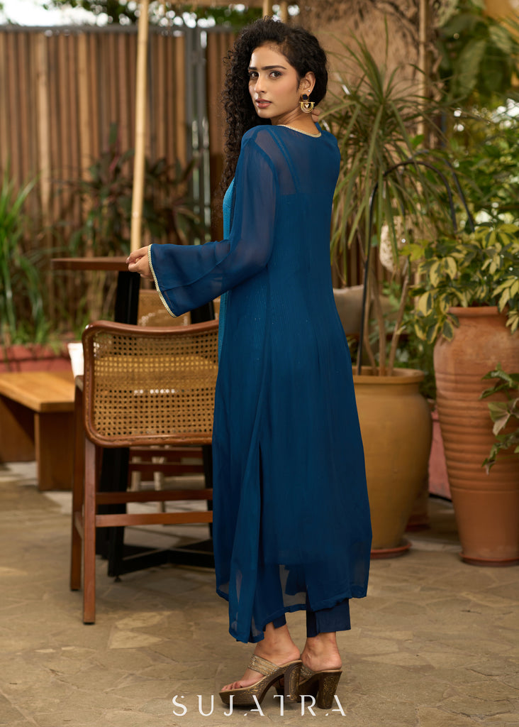 Blue self embroidered kurta with stylish georgette Shrug - Pant Optional