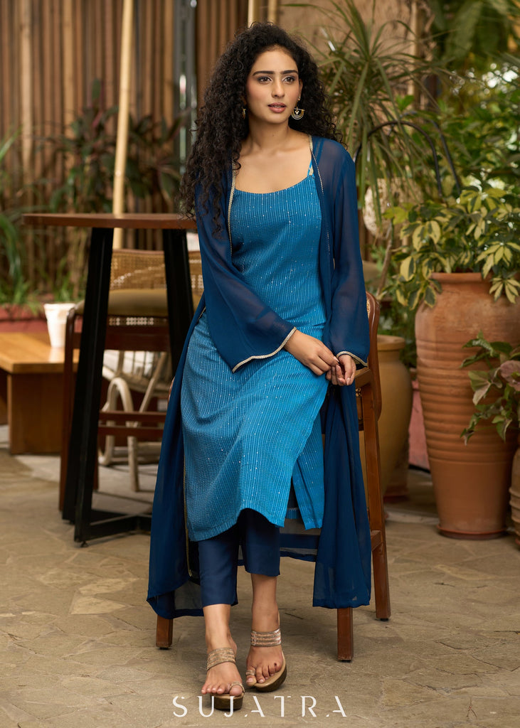 ON-SALE-blue-self-embroidered-kurta-with-stylish-georgette-shrug-pant-optional