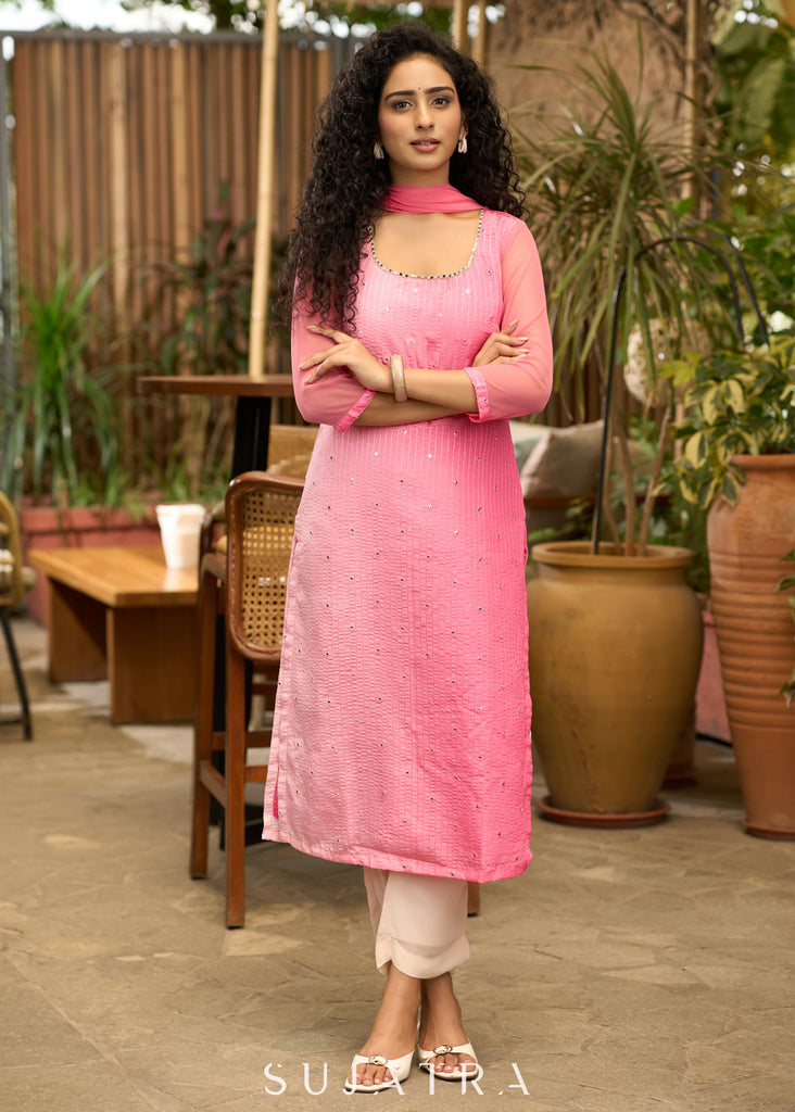 Pretty pink self embroidered kurta with matching pant - Net dupatta Optional