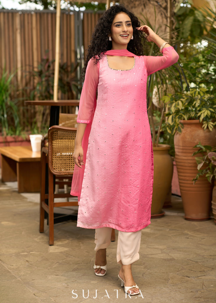 Pretty pink self embroidered kurta with matching pant - Net dupatta Optional