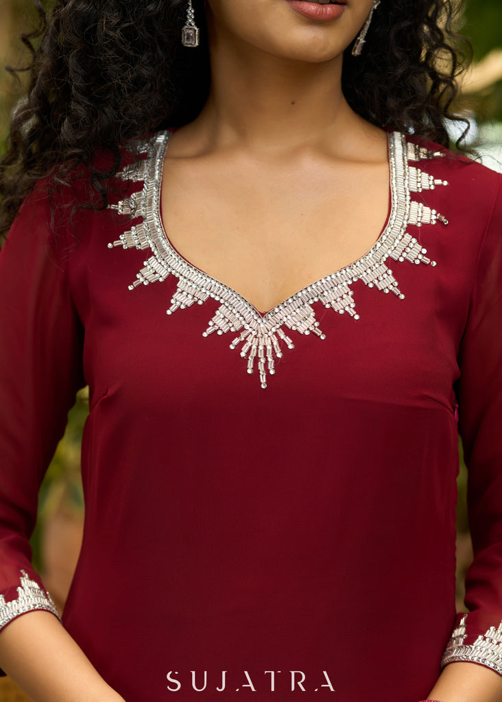 Graceful maroon georgette Co ord set with silver stone embellishment