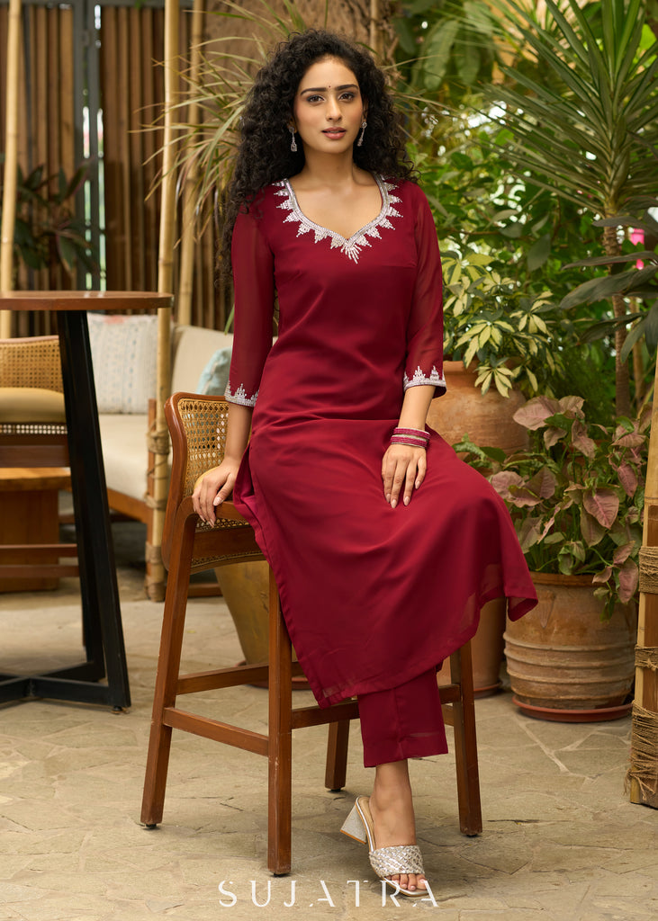 Graceful maroon georgette Co ord set with silver stone embellishment