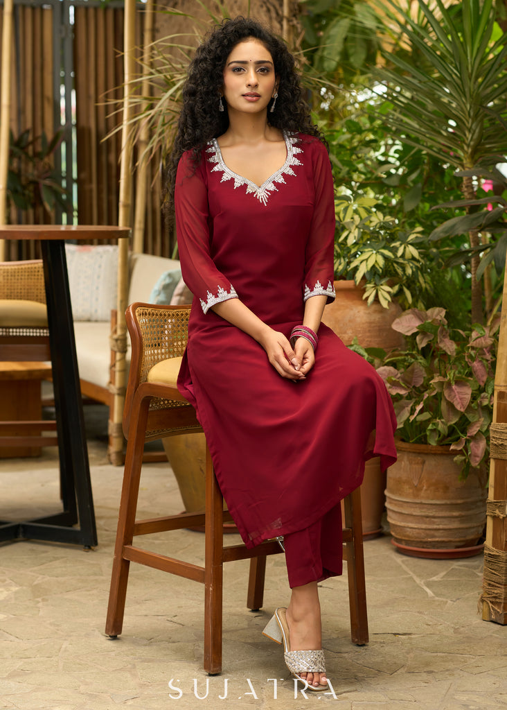 Graceful maroon georgette Co ord set with silver stone embellishment