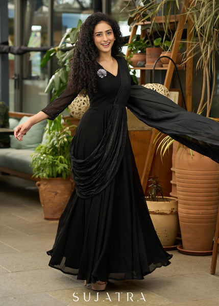 Trendy black georgette saree gown with self embroidered pallu - Brooch optional