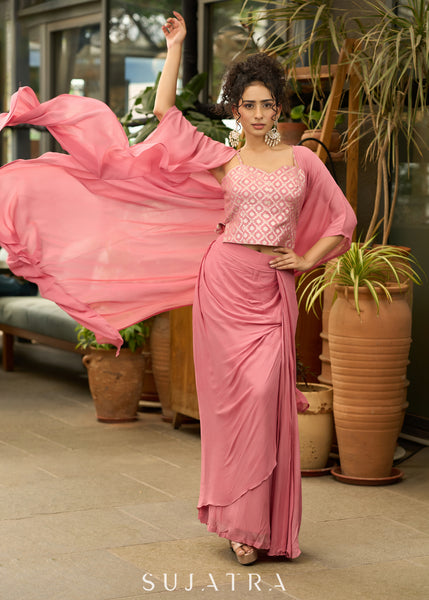 Exclusive Foxy pink draped skirt with banarasi top & Shrug