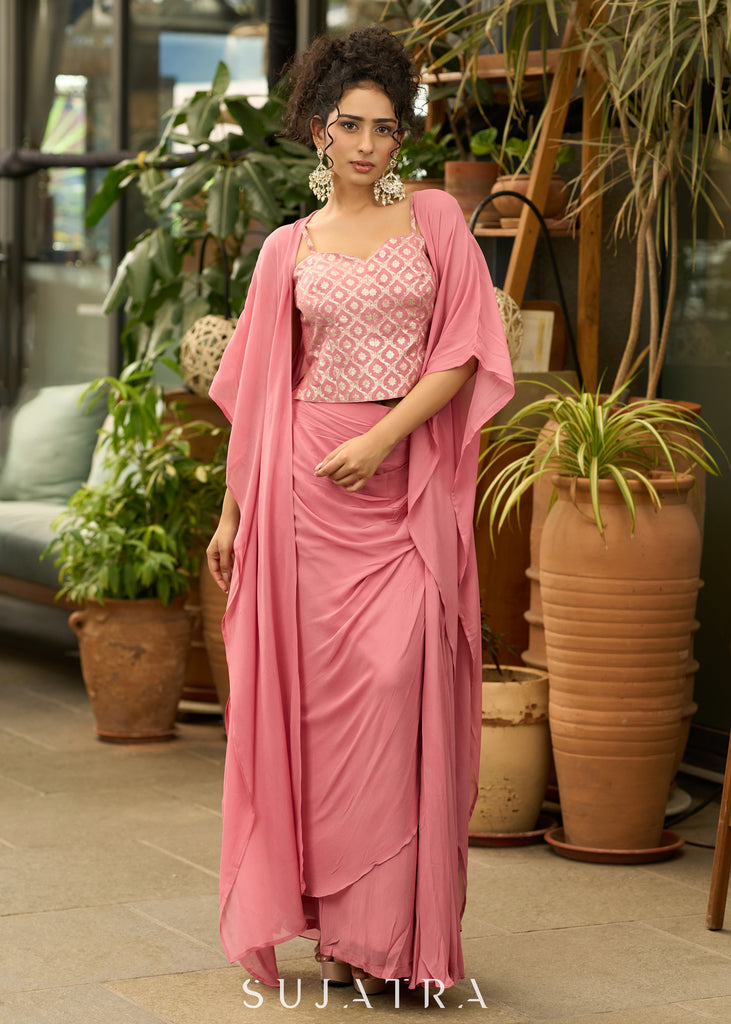 Exclusive Foxy pink draped skirt with banarasi top & Shrug