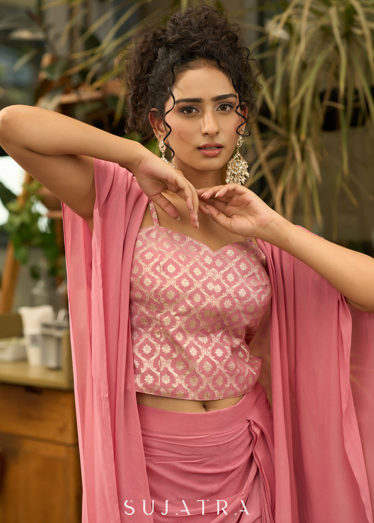 Exclusive Foxy pink draped skirt with banarasi top & Shrug