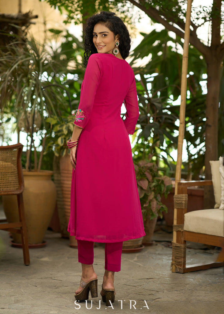 Glamorous magenta georgette Co Ord set with one side floral embroidery