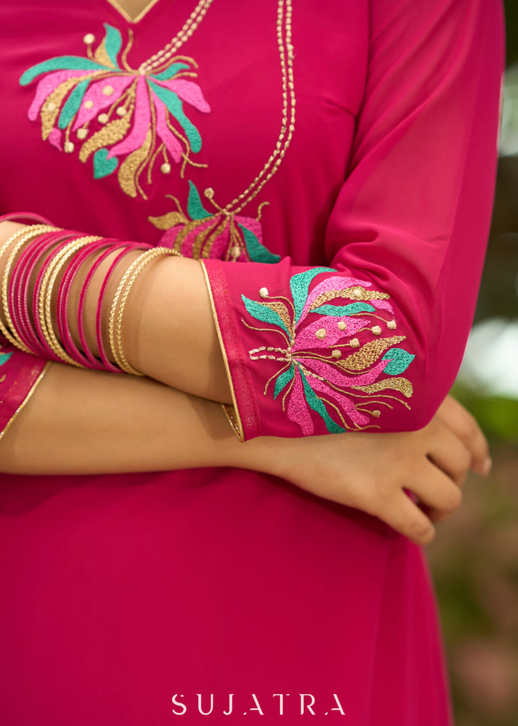 Glamorous magenta georgette Co Ord set with one side floral embroidery