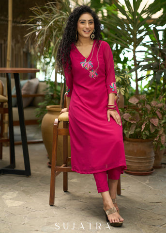 Glamorous magenta georgette Co Ord set with one side floral embroidery