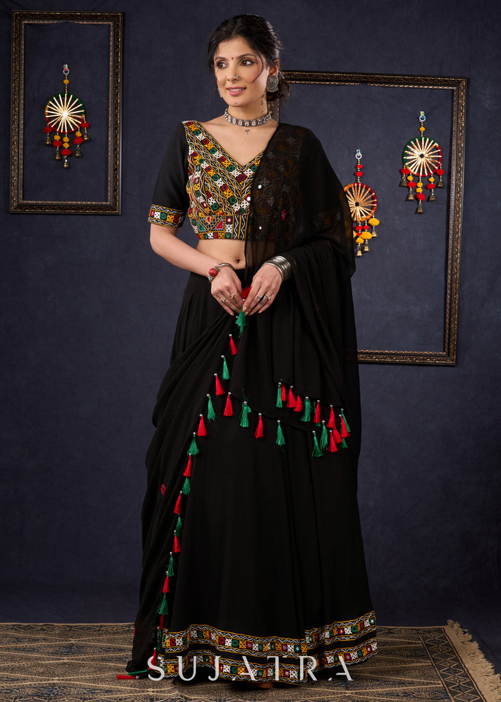 Traditional Black Kutch Work Lehenga With Matching Blouse & Dupatta .