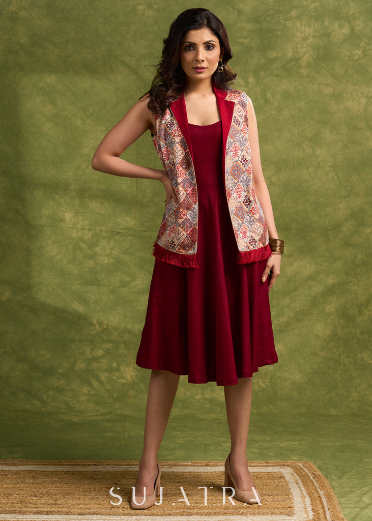 Elegant Fusion Of Ivory & Maroon , Self Embroidered Sleeveless Jacket With Silk Collar    Dress Optional