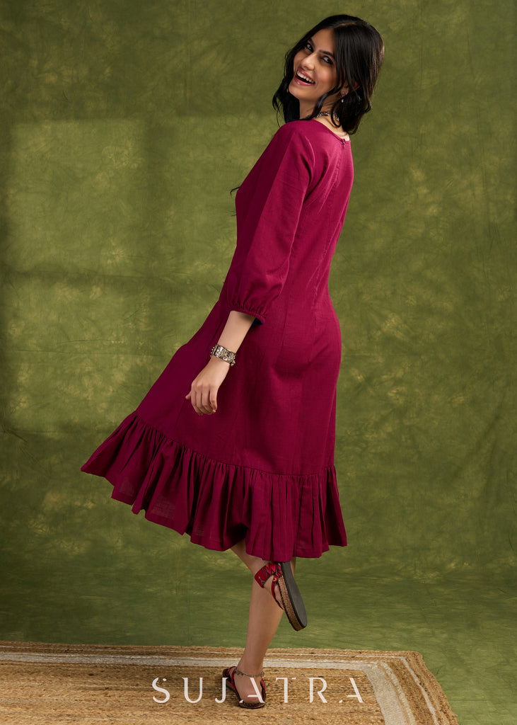 Wine Frill Dress. Elegant Wine Cotton Dress With Ruffled Hem Detailing