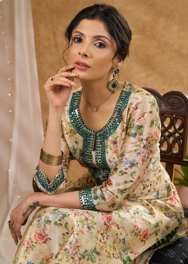 Green printed chanderi kurta with intricate mirror embroidery