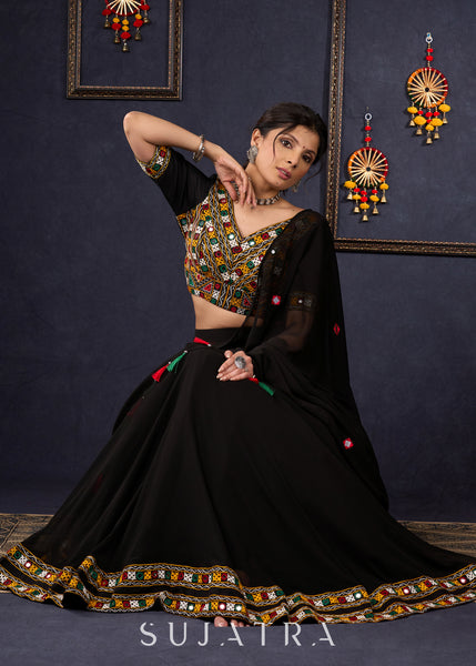 Traditional Black Kutch Work Lehenga With Matching Blouse & Dupatta .