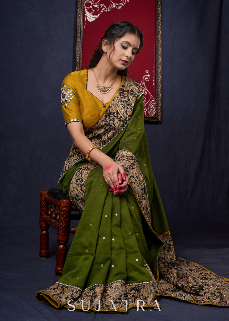 Regal Moss Green Cotton Saree with Kalamkari Border Highlighted with Abla work & Zari