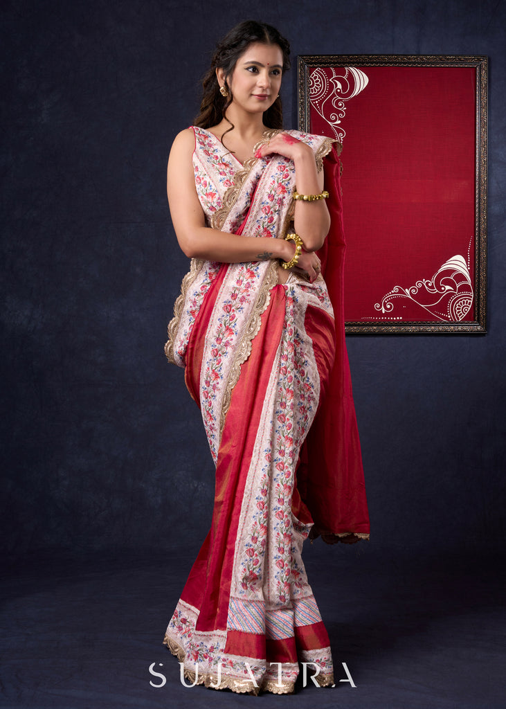 Gorgeous Pink Tissue Saree with Chickankari Pleats & Border highlighted with Gold border