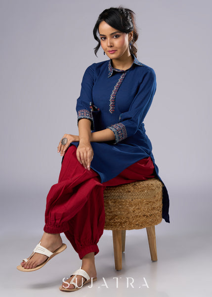 Classic Navy Blue Cotton Tunic with Stylish Collar - Pant Additional