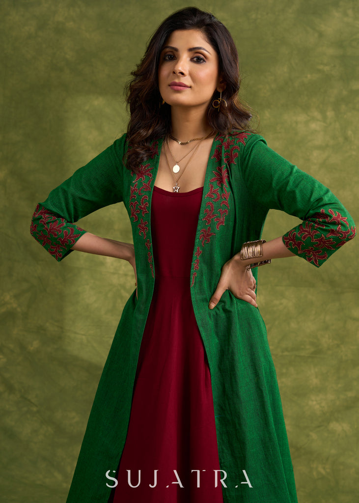 Hand Crafted Emerald Green Cotton Shrug With Vibrant Maroon Appliqué Accents   Dress Optional