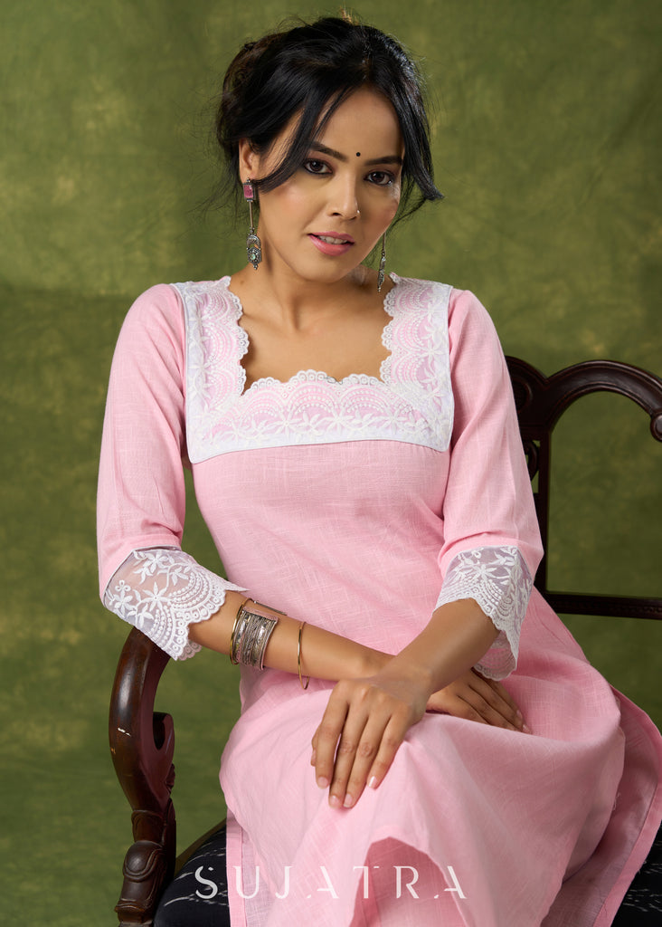 Subtle Baby Pink Cotton Kurta Embellished With Laces  - Pant Optional