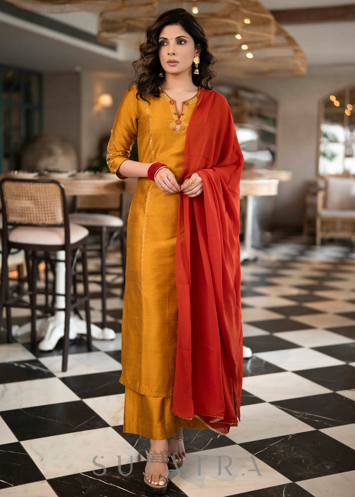 ON-SALE-elegant-mustard-cotton-silk-pant-kurta-with-gold-rust-embroidered-detailing-dupatta-optional