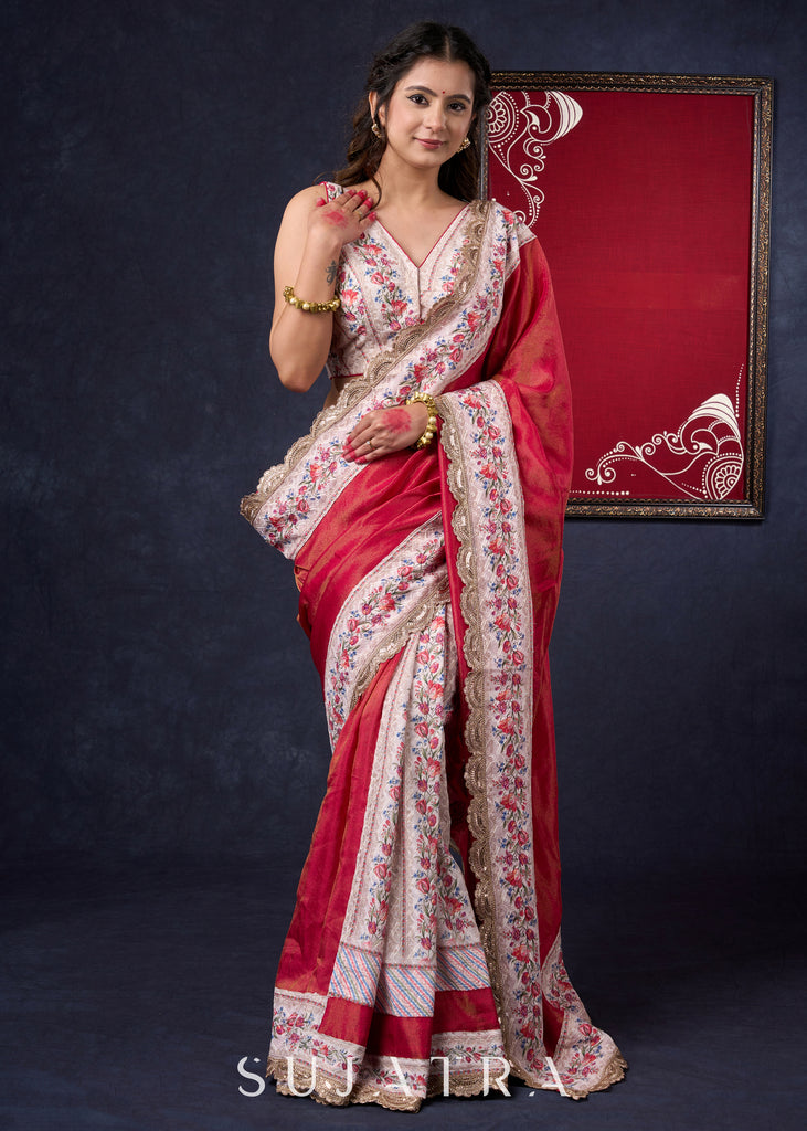 Gorgeous Pink Tissue Saree with Chickankari Pleats & Border highlighted with Gold border