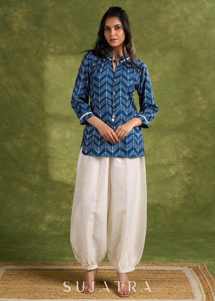 Blue Rayon Printed Top With Tie Neck Details - Pant Optional