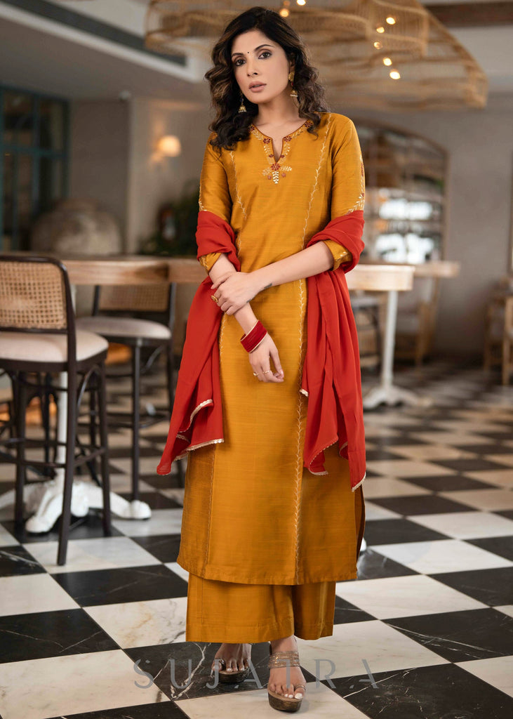 ON-SALE-elegant-mustard-cotton-silk-pant-kurta-with-gold-rust-embroidered-detailing-dupatta-optional