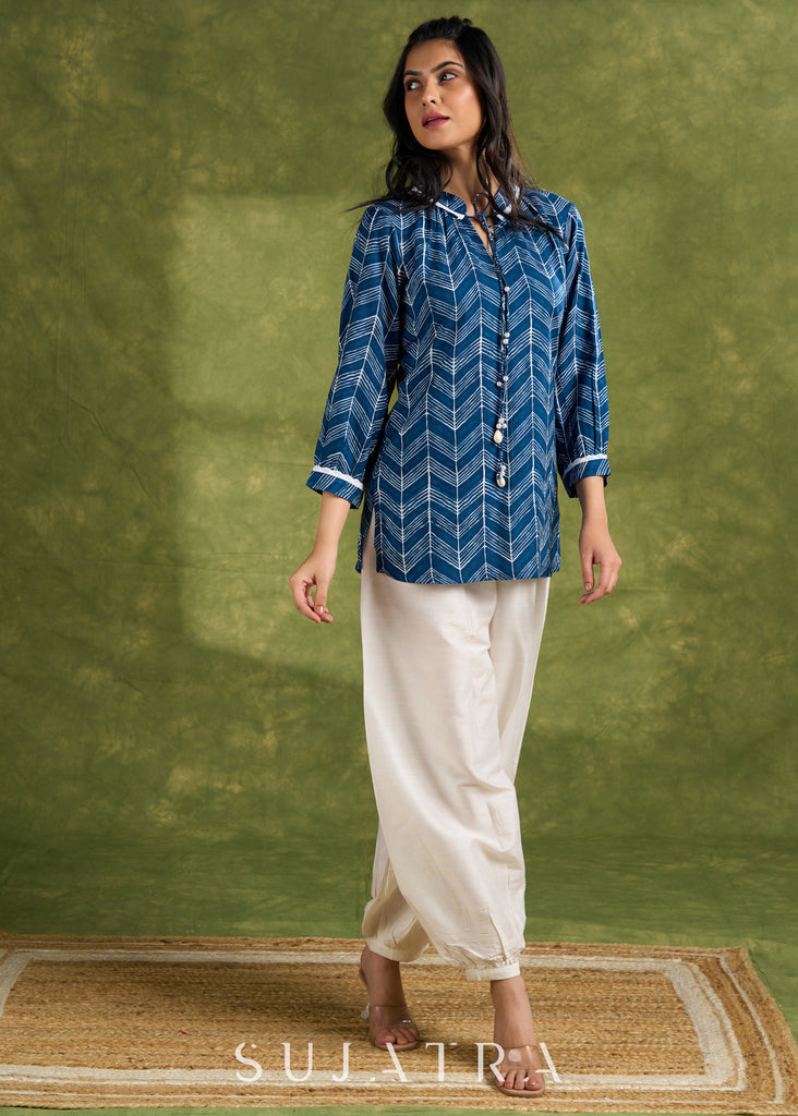 Blue Rayon Printed Top With Tie Neck Details - Pant Optional