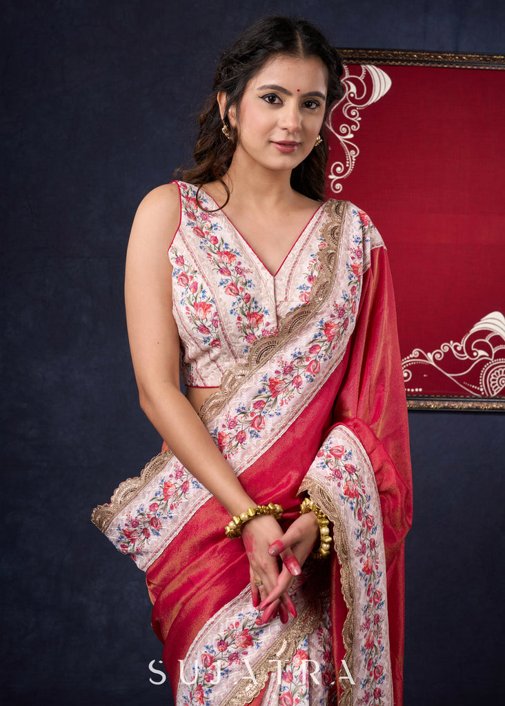 Gorgeous Pink Tissue Saree with Chickankari Pleats & Border highlighted with Gold border