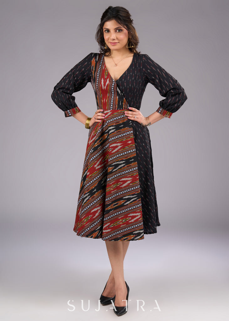 Modern Mix Ikat Black Cotton Flared Dress