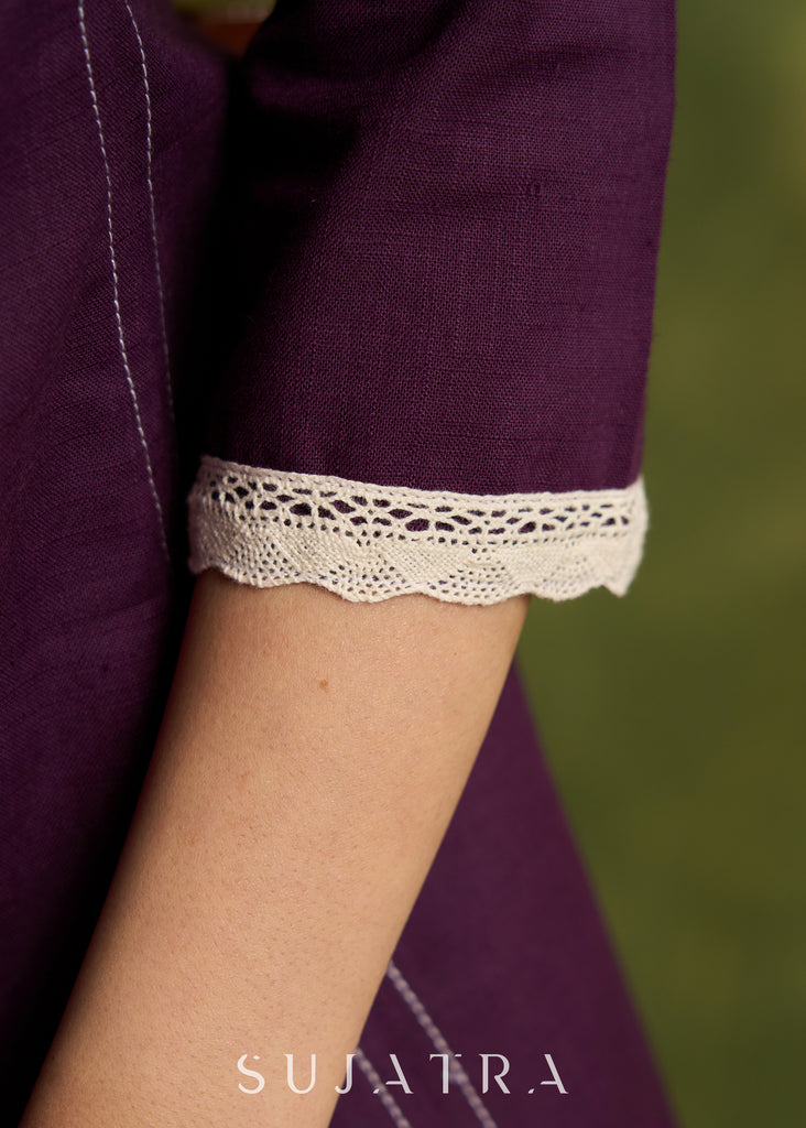 Elegant Plum Cotton Dress. Plum Hue With Detailed Stitch Accents