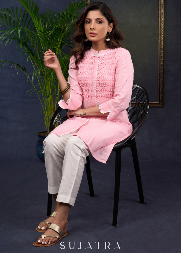 Pink Cotton Tunic With Beautiful Tucks And Sparkling Pearl Highlights - Pant Optional